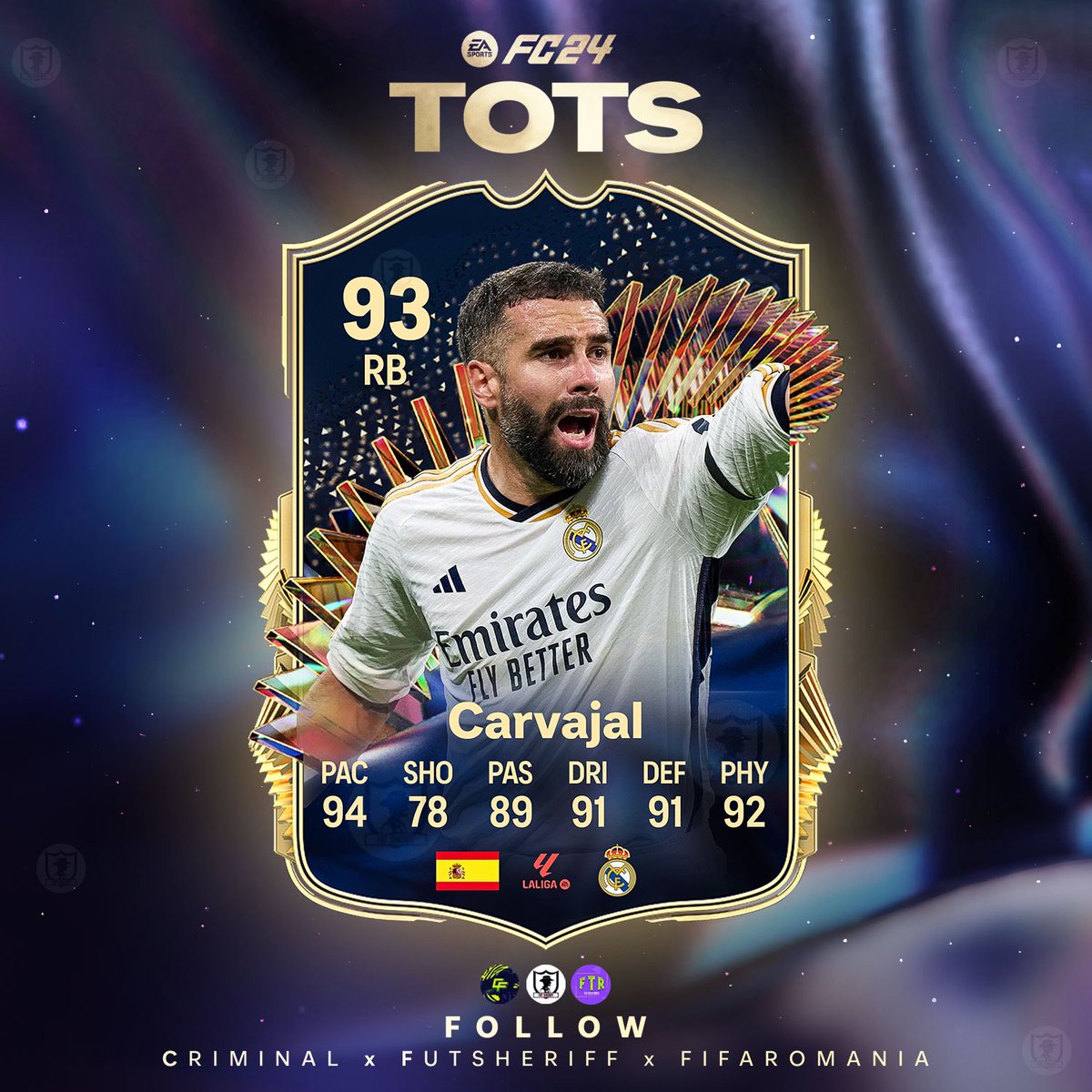 🚨Carvajal 🇪🇸 is coming as LA LIGA TEAM OF THE SEASON!🔥 Stats are prediction ⭐️ Make sure to follow @FutSheriff @Criminal__x @fifa_romania ! #fc24