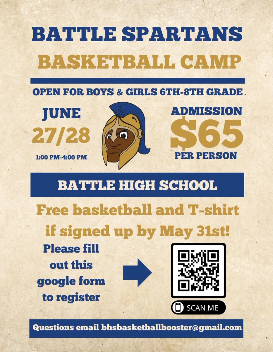 Join us for Battle Spartan Basketball Camp!! Grades K-5th: 9am-12:00pm Grades 6th-8th: 1:00pm-4:00pm Scan the QR Codes for registration. #BattleBuilt