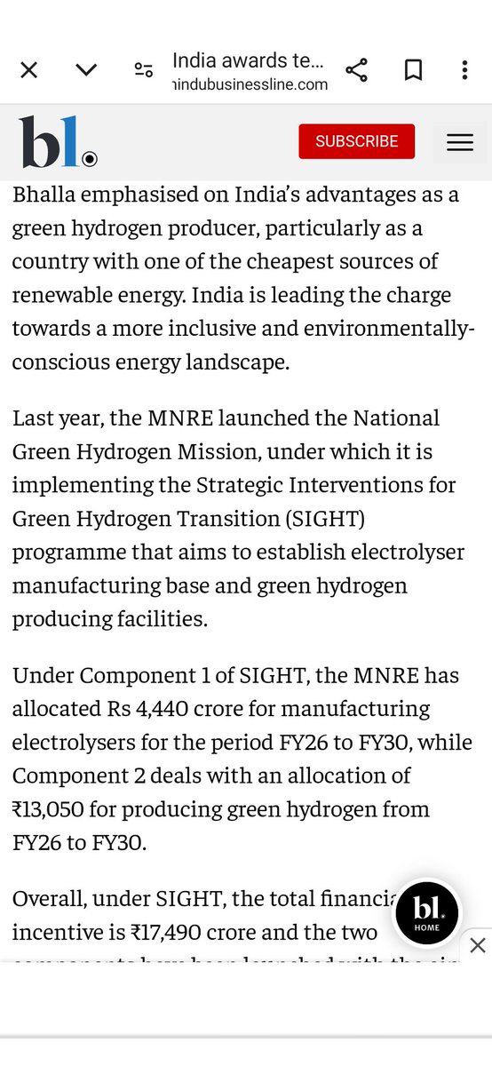 India has awarded tenders for setting up 412,000 tonnes of green hydrogen manufacturing and 1.5 gigawatts (GW) of 'electrolyser' manufacturing capacity, the Ministry of New & Renewable Energy (MNRE)...

Baki to aap samajdar ho 💪

thehindubusinessline.com/economy/india-…