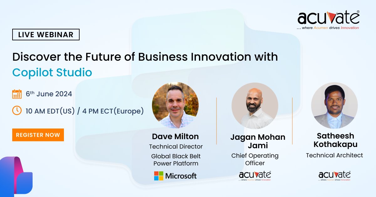 Elevate your enterprise with the powerful synergy of Microsoft's #CopilotStudio and #AzureAI. Expert insights from Dave Milton, Jagan Jami, and Satheesh 📅6th June 2024 ⏰ 10:00 AM EDT (US) / 4:00 PM ECT (Europe) hubs.li/Q02xxN790 #BusinessInnovation #microsoft #acuvate