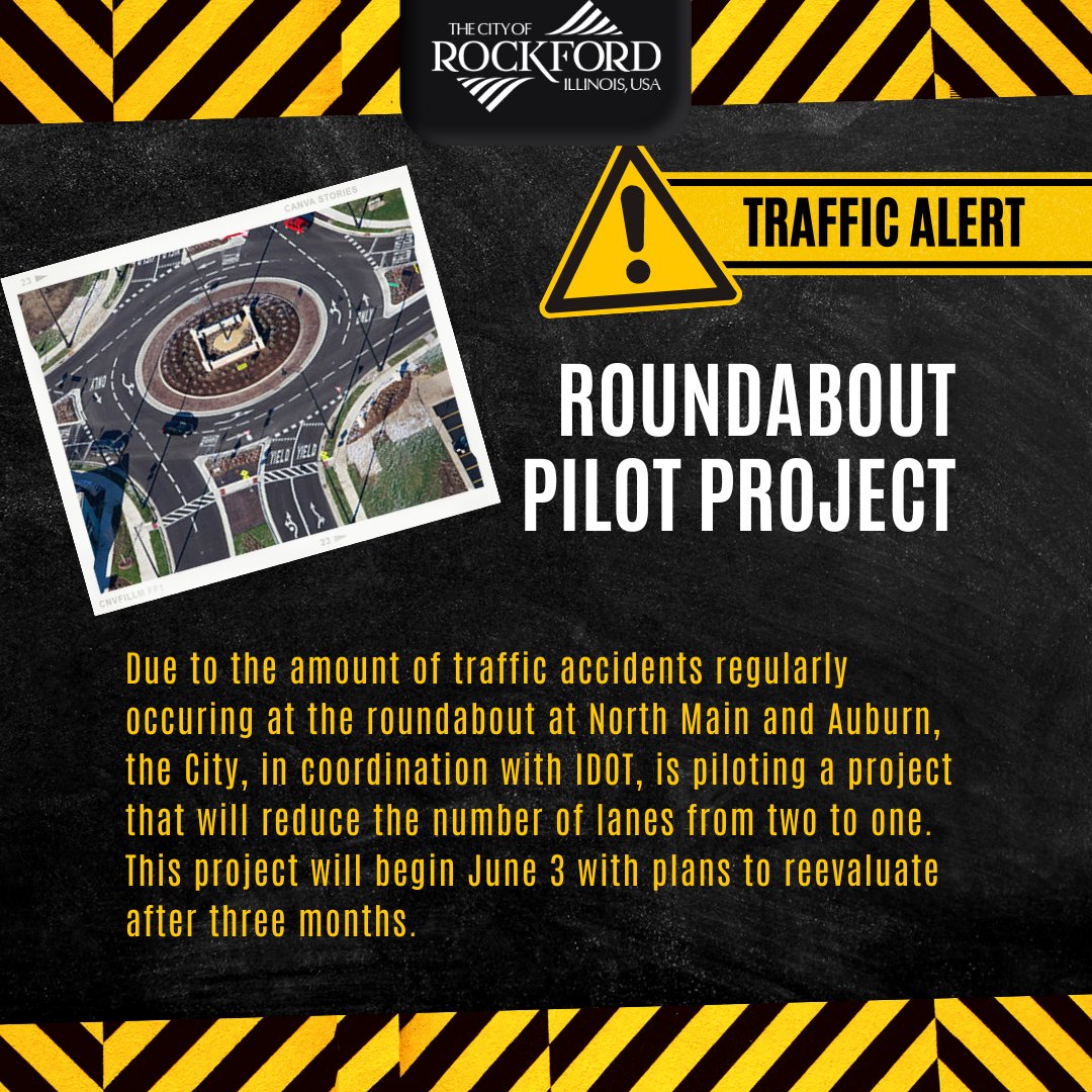 ROUNDABOUT UPDATE: Starting the week of June 3, with the support of Illinois Department of Transportation, we will begin a pilot program to reduce the roundabout at Main and Auburn streets to one lane.