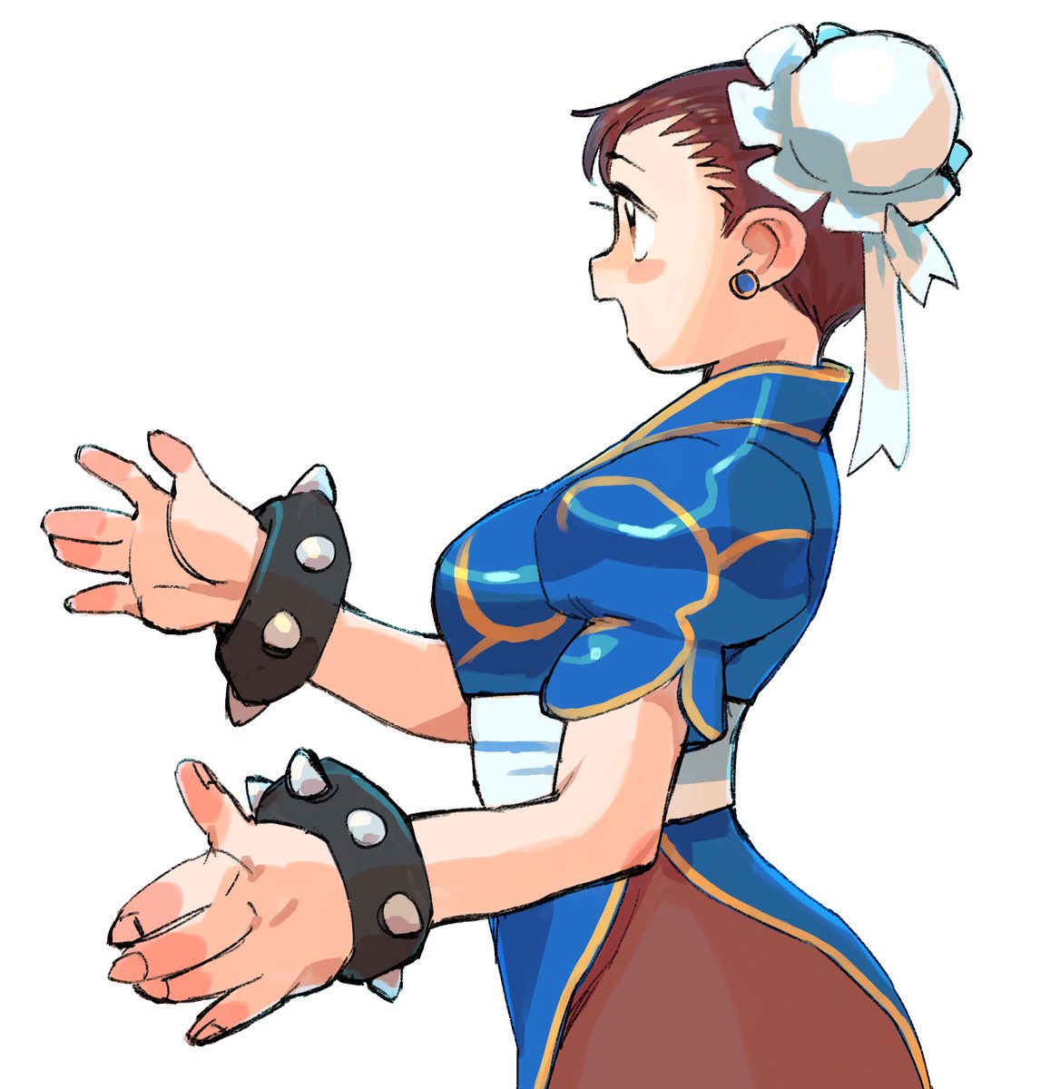 chun-li 1girl solo breasts short hair simple background brown hair white background  illustration images