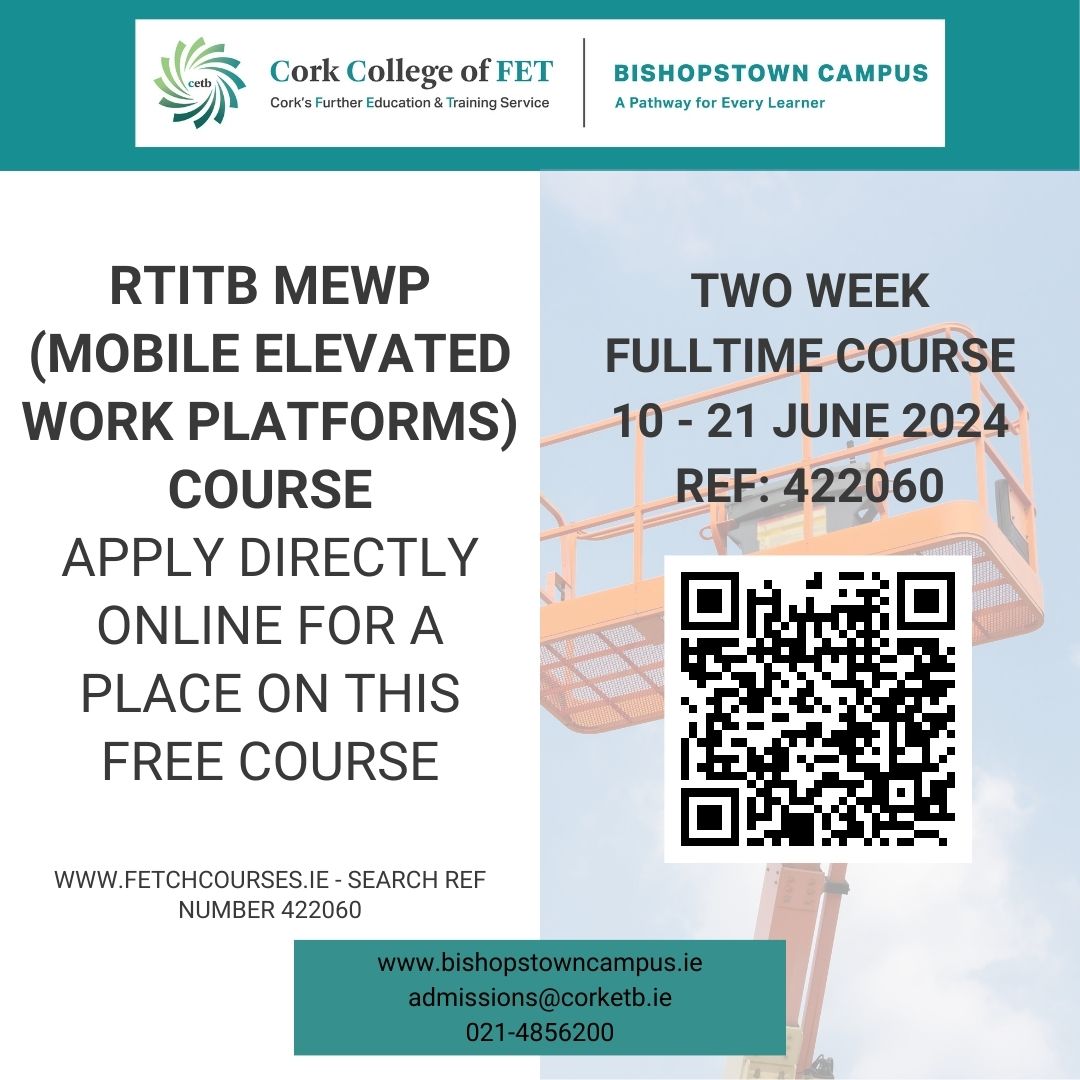 This two week course starts on the 10th of June.. Apply on fetchcourses.ie or by scanning the QR Code. #CorkETB #ThisisFET #RTITB #Construction #Bishopstowncampus