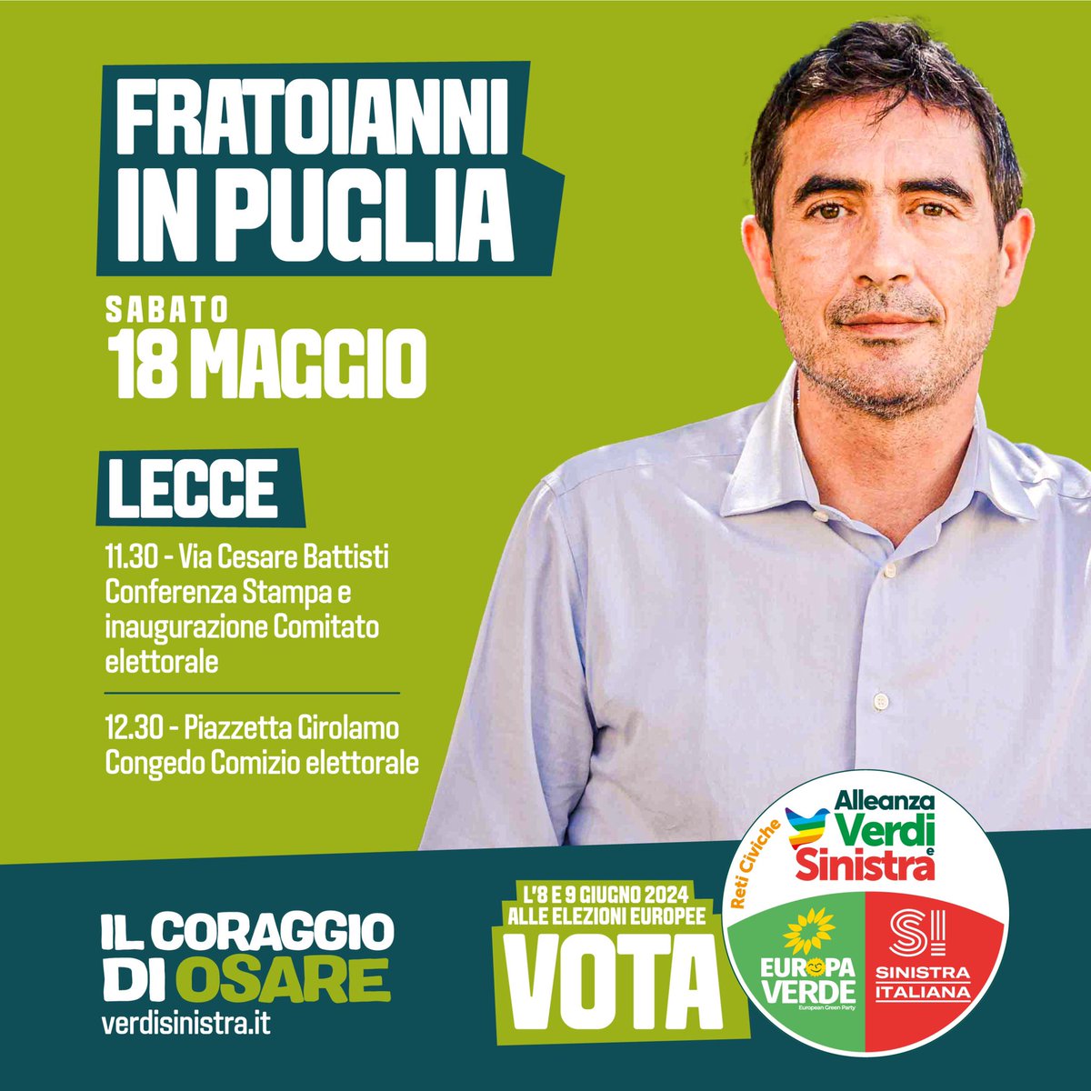 Sabato #18maggio sarò a #Lecce. #AlleanzaVerdiSinistra