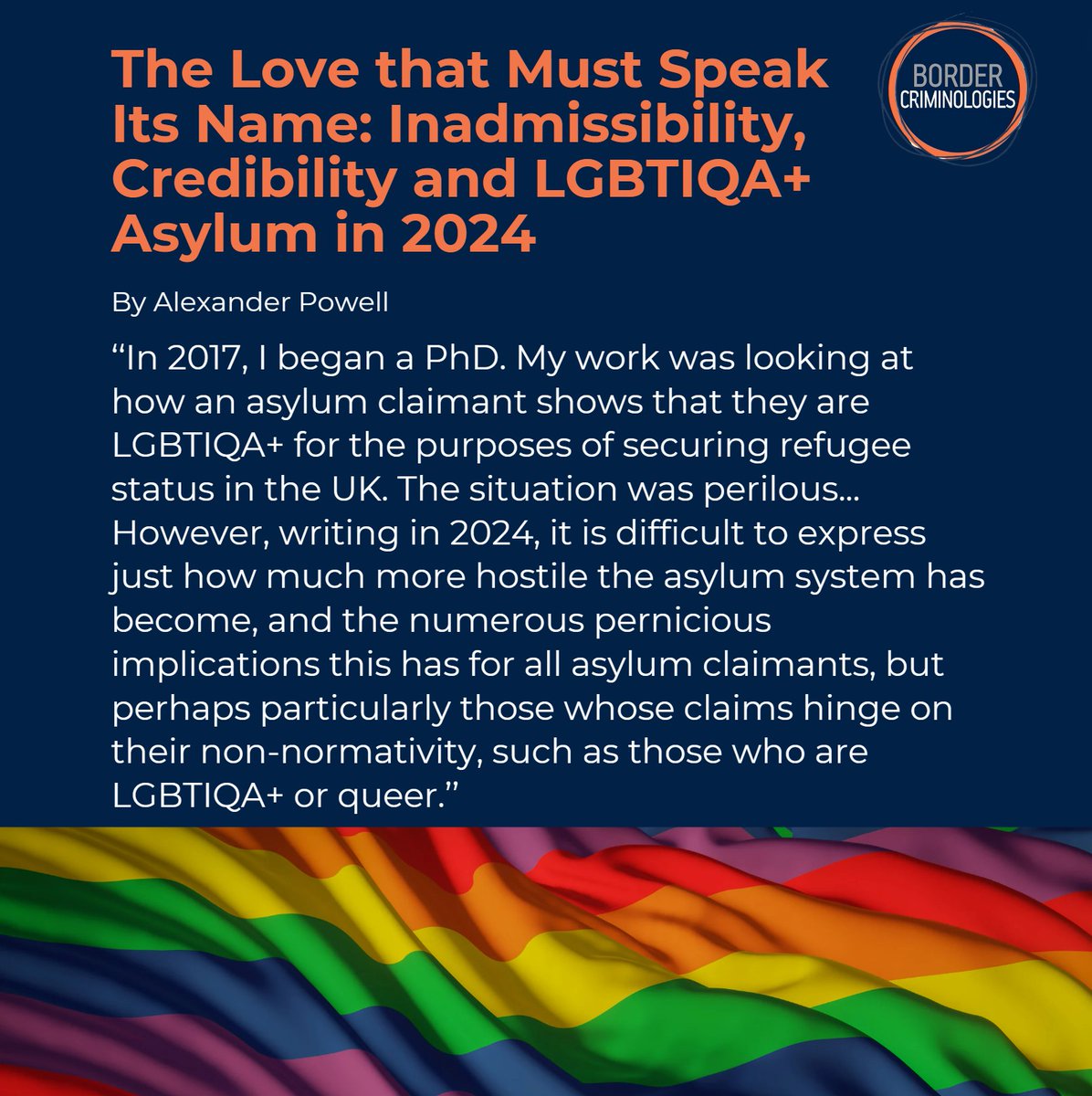 [New Blog 🖊️] Today is International Day Against Homophobia, Biphobia and Transphobia, to raise awareness of violence and discrimination against LGBTQ+ people. Dr. Powell writes about the additional vulnerabilities LGBTIQA+ asylum claimants face in the UK: shorturl.at/mKrtH