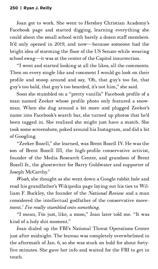 From SEDITION HUNTERS, the book, on the 'holy shit moment' an online sleuth IDed 'Zeeker' Bozell because he had the bright idea of storming the Capitol in school swag: 

hachettebookgroup.com/titles/ryan-j-…
