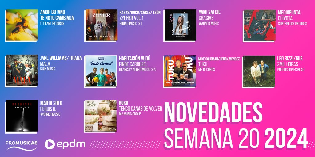 ¡Descubre las últimas novedades musicales de la mano de <a href="/AmorButano/">Amor Butano</a>, #Kazas, <a href="/Yamisafdie/">Yami Safdie ❤️‍🩹</a>, <a href="/memediapunta/">MEDIAPUNTA</a>, <a href="/Jakewilliamsofi/">Jake Williams</a>, <a href="/HabitacionVudu/">Habitación Vudú</a>, <a href="/goldman_oficial/">mike.goldman.oficial</a>, <a href="/LeoRizziMusic/">Leo Rizzi</a>, <a href="/martasoto/">Мarta Soto ✨</a> y <a href="/RokoOficial/">ROKO</a>! ¡Vota a tu favorita en 👉 elportaldemusica.es!