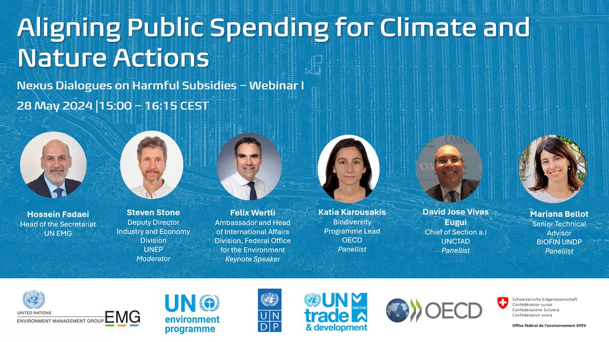 United Nations Environment Management Group (@un_emg) on Twitter photo Dive deeper into the challenges and opportunities of reforming #HarmfulSubsidies for a greener economy. Join experts as they discuss strategic approaches aligned with #SDGs.
Don't miss our impactful webinar on May 28 at 3:00 CEST.
MORE: unemg.org/nexus-dialogue…
#ClimateAction Dive deeper into the challenges and opportunities of reforming #HarmfulSubsidies for a greener economy. Join experts as they discuss strategic approaches aligned with #SDGs.
Don't miss our impactful webinar on May 28 at 3:00 CEST.
MORE: unemg.org/nexus-dialogue…
#ClimateAction