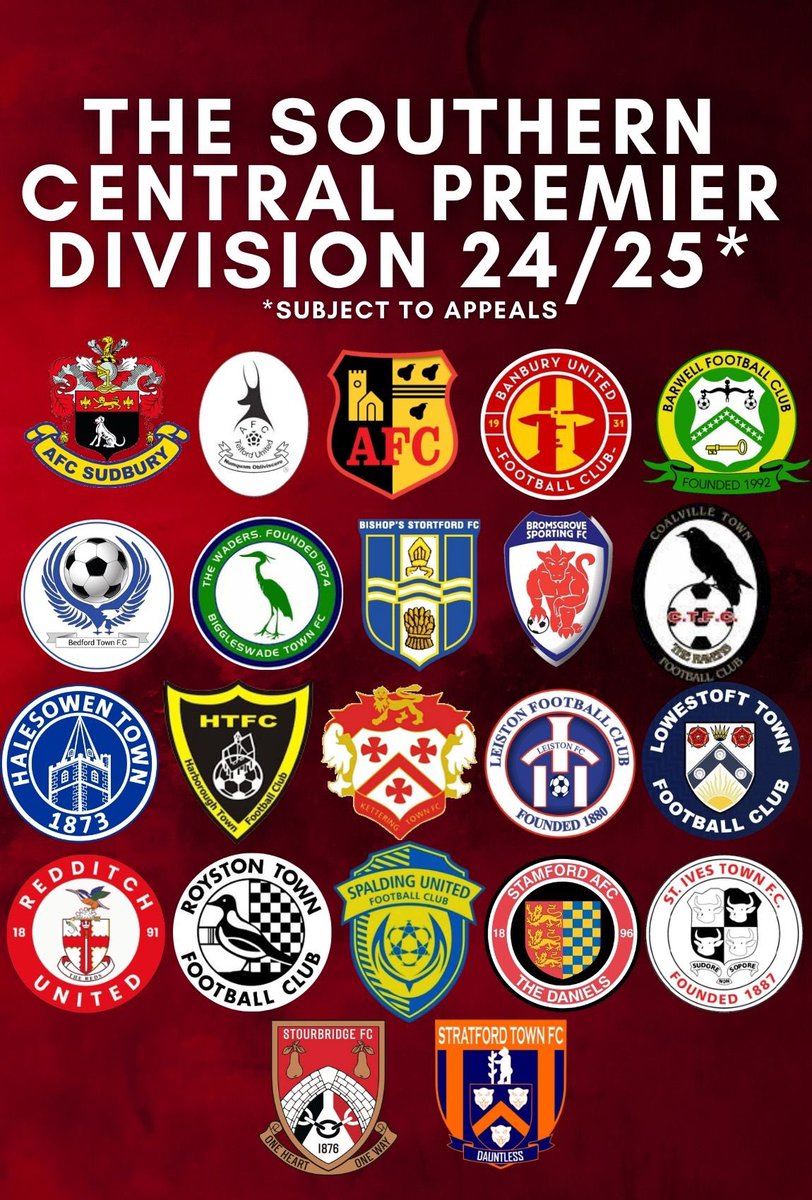 The provisional @SouthernLeague1 central premier division line up for the 24/25 campaign has been announced - subject to appeals 🤝 The full constitution can be viewed by following the link below ⬇️ southern-football-league.co.uk/News/135901/NE…