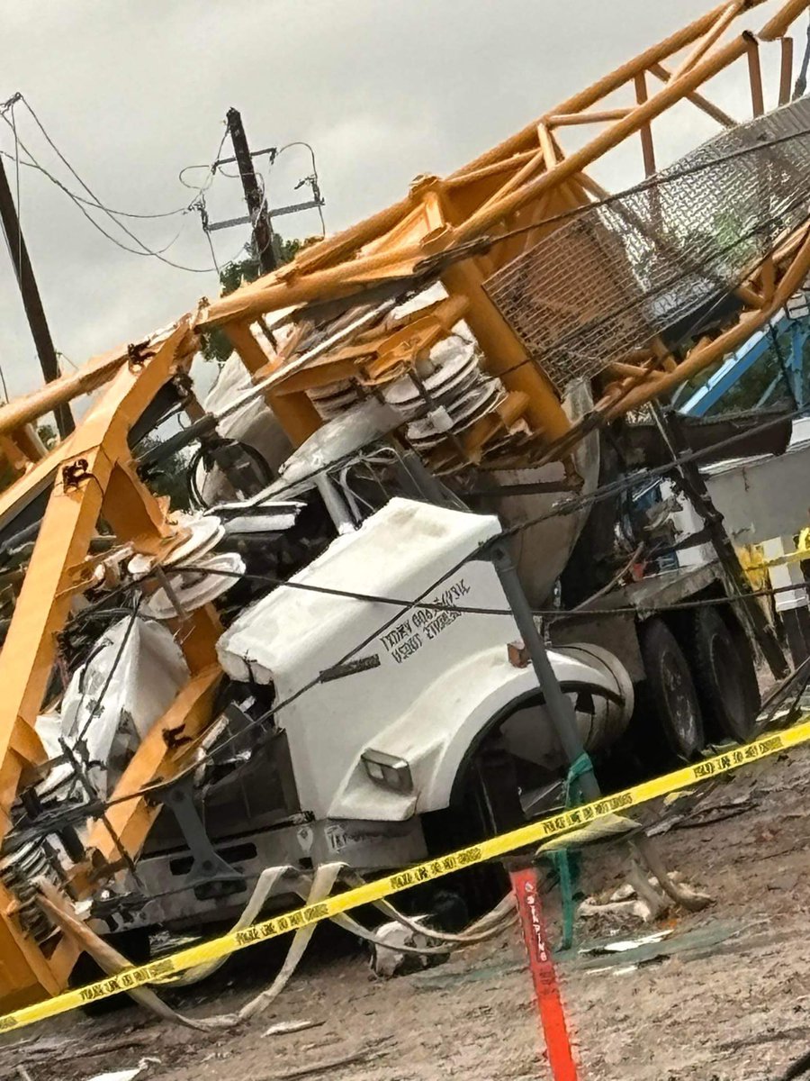CRANE COLLAPSE: Two cranes at a Houston area construction site collapsed during Thursday’s severe weather, killing the driver of this cement truck. This is on Wingate Street. @KPRC2
