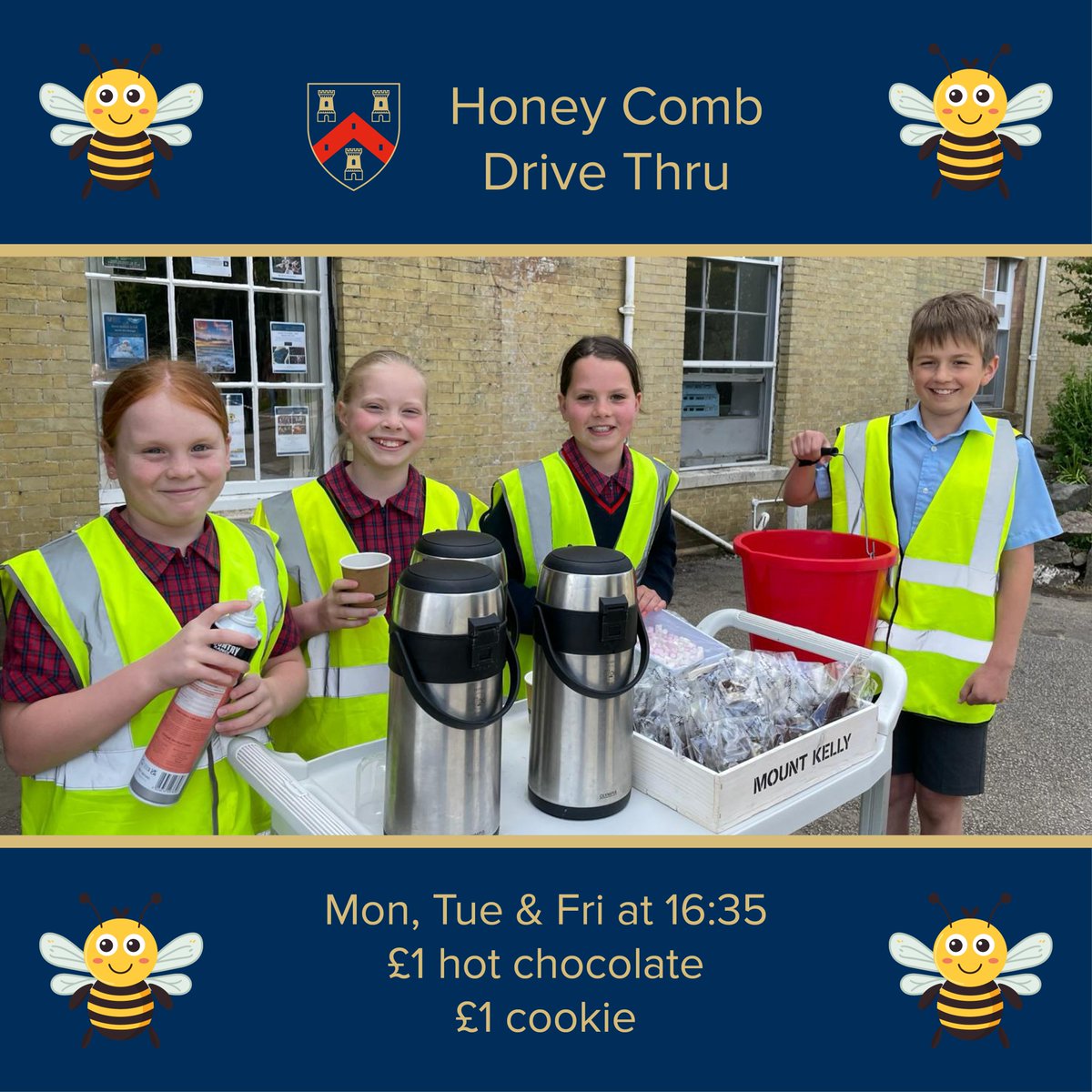 The Honey Comb Cookie Drive Thru is running every Monday, Tuesday and Friday at pick up at 16:35. £1 per hot chocolate/£1 per cookie. Remember your cash and help us raise funds for the beehives🐝