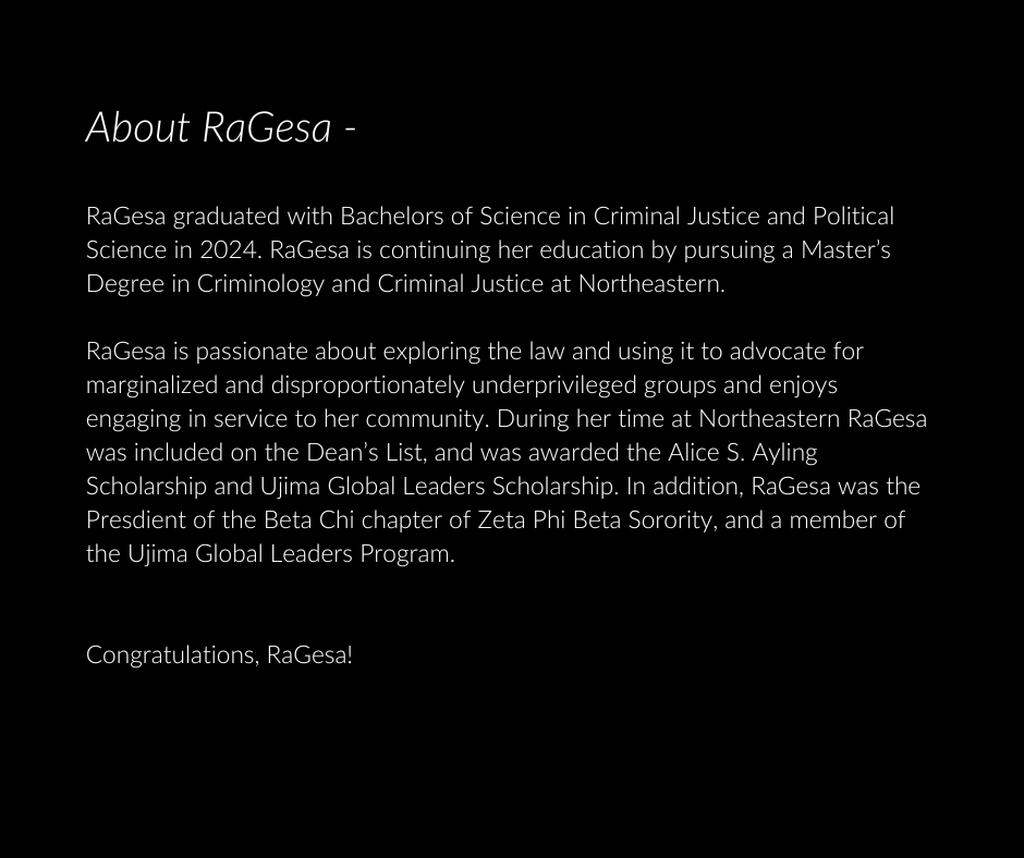 Meet our next senior spotlight, RaGesa Sampson! RaGesa's commitment to her studies at Northeastern is evident in every role and opportunity she has pursued. We're excited she's sticking around to complete her master's degree with us! #NU2024