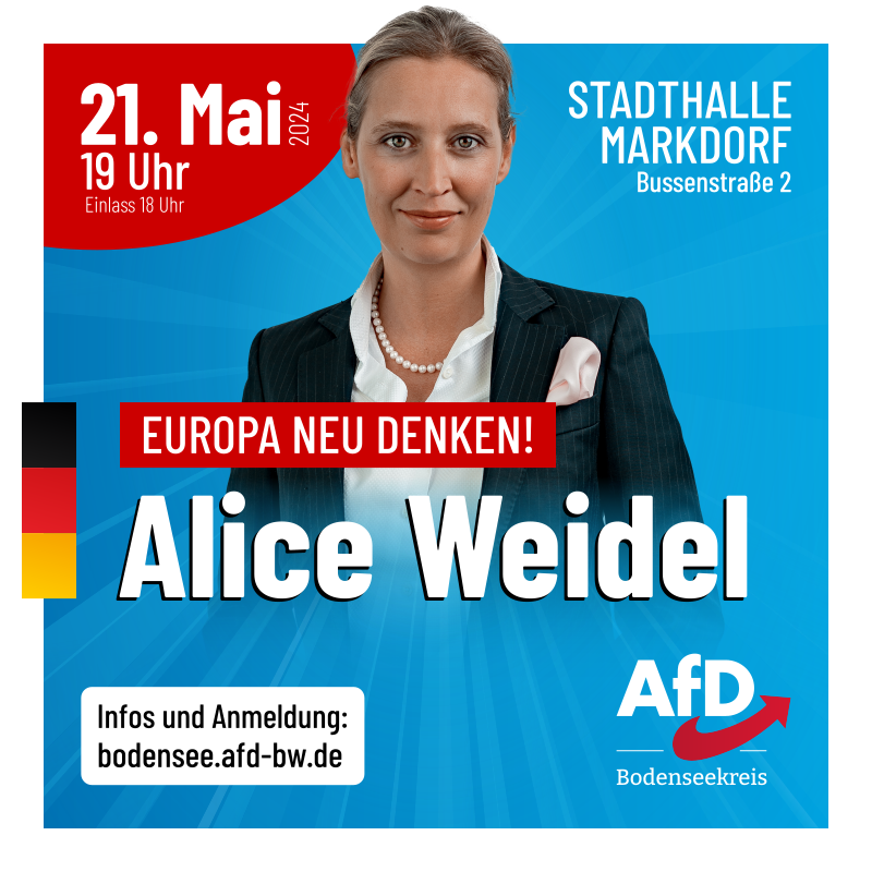Am 21. Mai ab 19 Uhr freue ich mich auf zahlreiche Gäste in der Stadthalle Markdorf! Um Anmeldung wird unter bodensee.afd-bw.de gebeten. #AfD