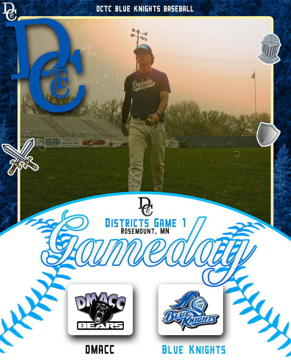 BaseballDctc's tweet image. 💠DISTRICTS VS DMACC💠
- - -
First pitch is today at 1:00pm!  There is a $5 entrance fee, but students, children under 12, and college coaches get in FREE!  This is a 2 of 3 series with the winner advancing to Oklahoma to play in the D2 NJCAA World Series! 
- - -
#BlueKnights🔷⚔️