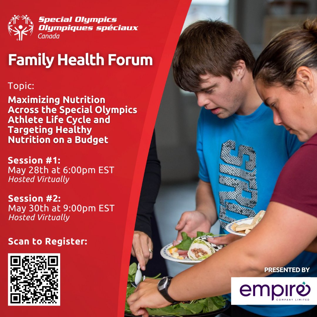 Join Special Olympics Canada's first virtual Family Health Forum on May 28th and May 30th, sponsored by Empire Company Limited (Sobeys Inc), to learn practical tips for maximizing nutrition on a budget for athletes of all ages. 

Register at specialolympics.jotform.com/241124107289048