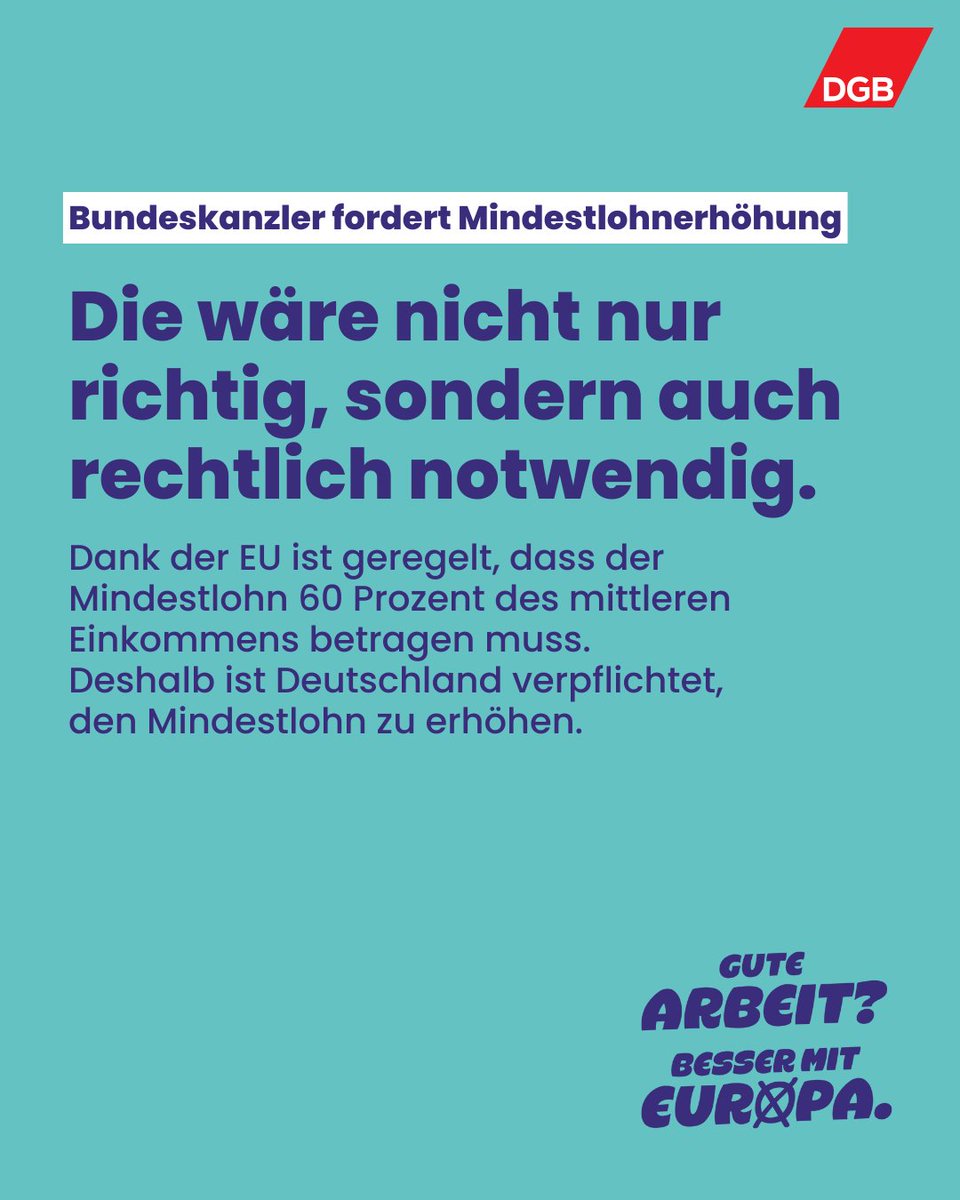 Du hast es in der Hand, ob wir auch in Zukunft ein soziales Europa haben: Am 9. Juni Parteien wählen, die unsere Forderungen unterstützen. Der DGB-Wahlcheck: dgb.de/mitmachen/kamp… #Mindestlohn #BesserMitEuropa