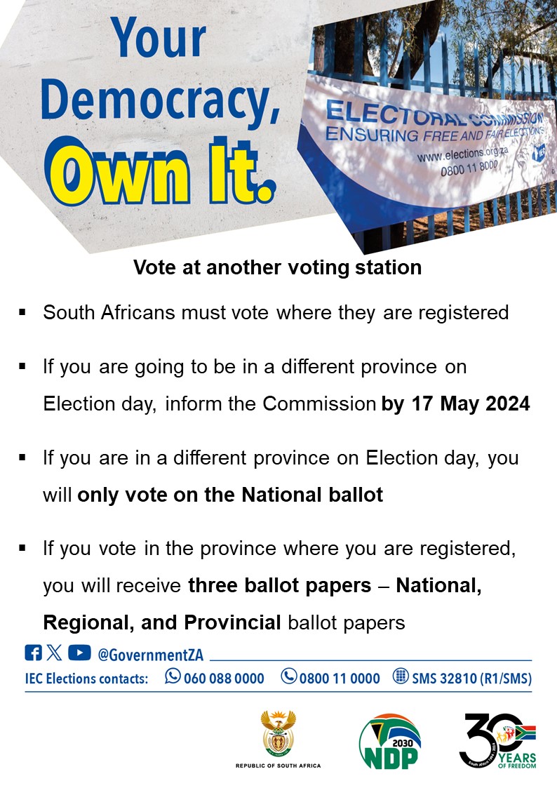 Don't miss today's deadline! If you are outside of the voting district where you are registered on voting day, 29 May 2024, you must notify the @IECSouthAfrica by completing an online Section 24A form. #SAelections24 #EveryVoteCounts elections.org.za/.../sectio.../…