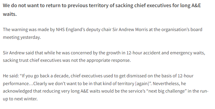 'We don't want to return to sacking trust chief executives for long A&E waits,' says NHS England's deputy chair. Story by @zoetidman hsj.co.uk/emergency-care…