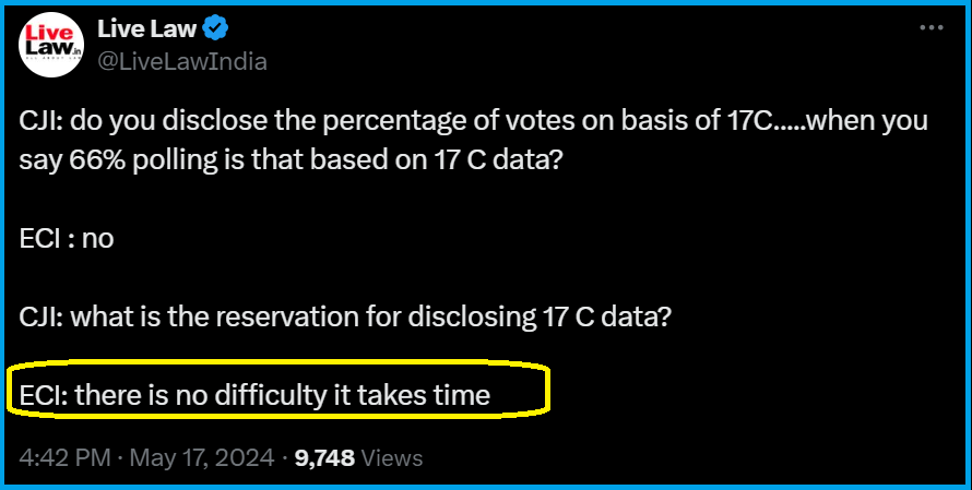 All electoral bonds data was ready.
SBI to S.C. - 'there is no difficulty it takes time'

All Form 17 C data is ready.
E.C.I. to S.C. - 'there is no difficulty it takes time'

Once is tragedy. Twice is total farce! A fraud!!
#ElectionCommission #Form17C #SupremeCourt