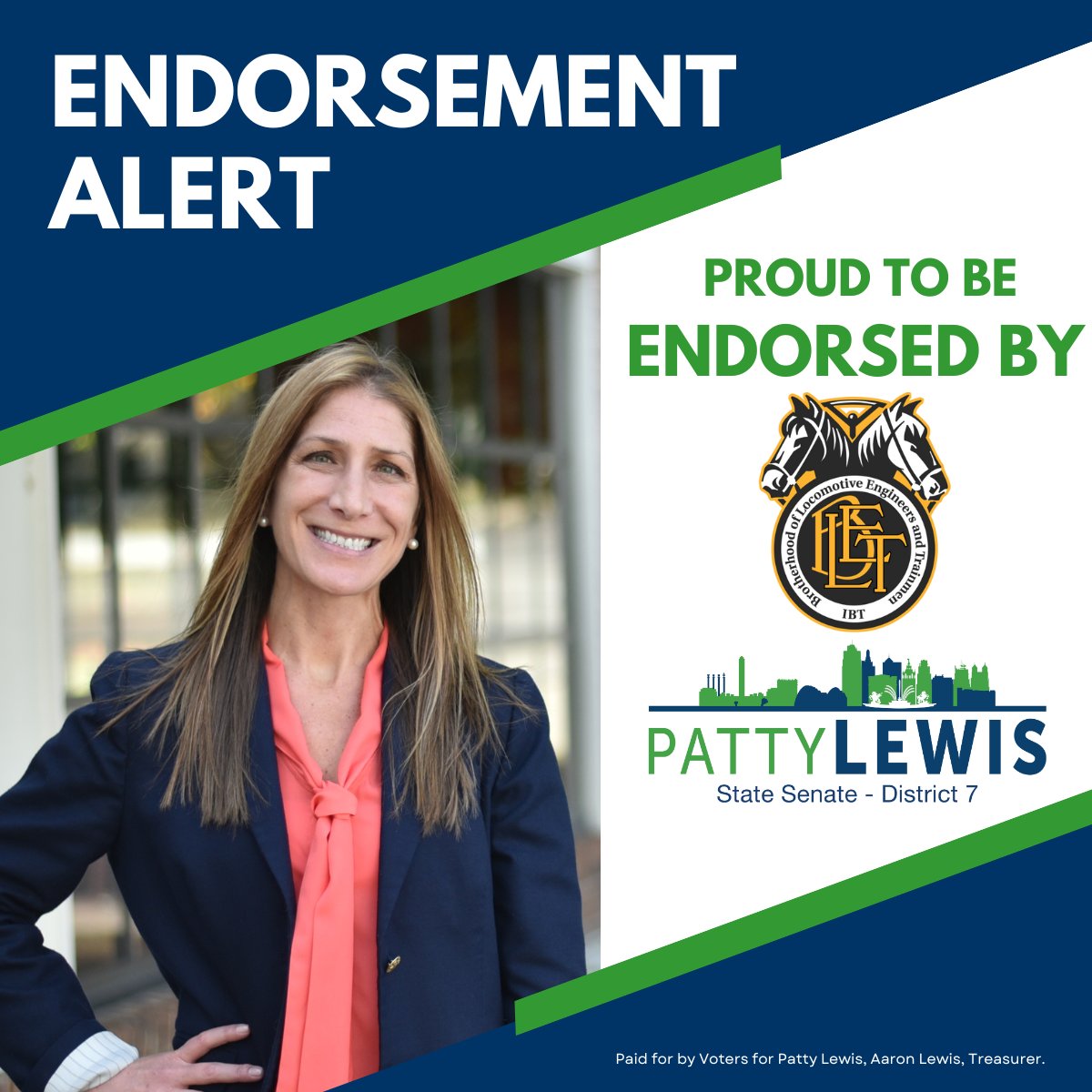 🚨🚨Endorsement Alert! The Brotherhood of Locomotive Engineers & Trainmen have endorsed our campaign!! BLET members work hard every day to keep our rail systems running from commuter to commercial! Thank you for your continued support! #MOLeg #MOSen #Patty4MO