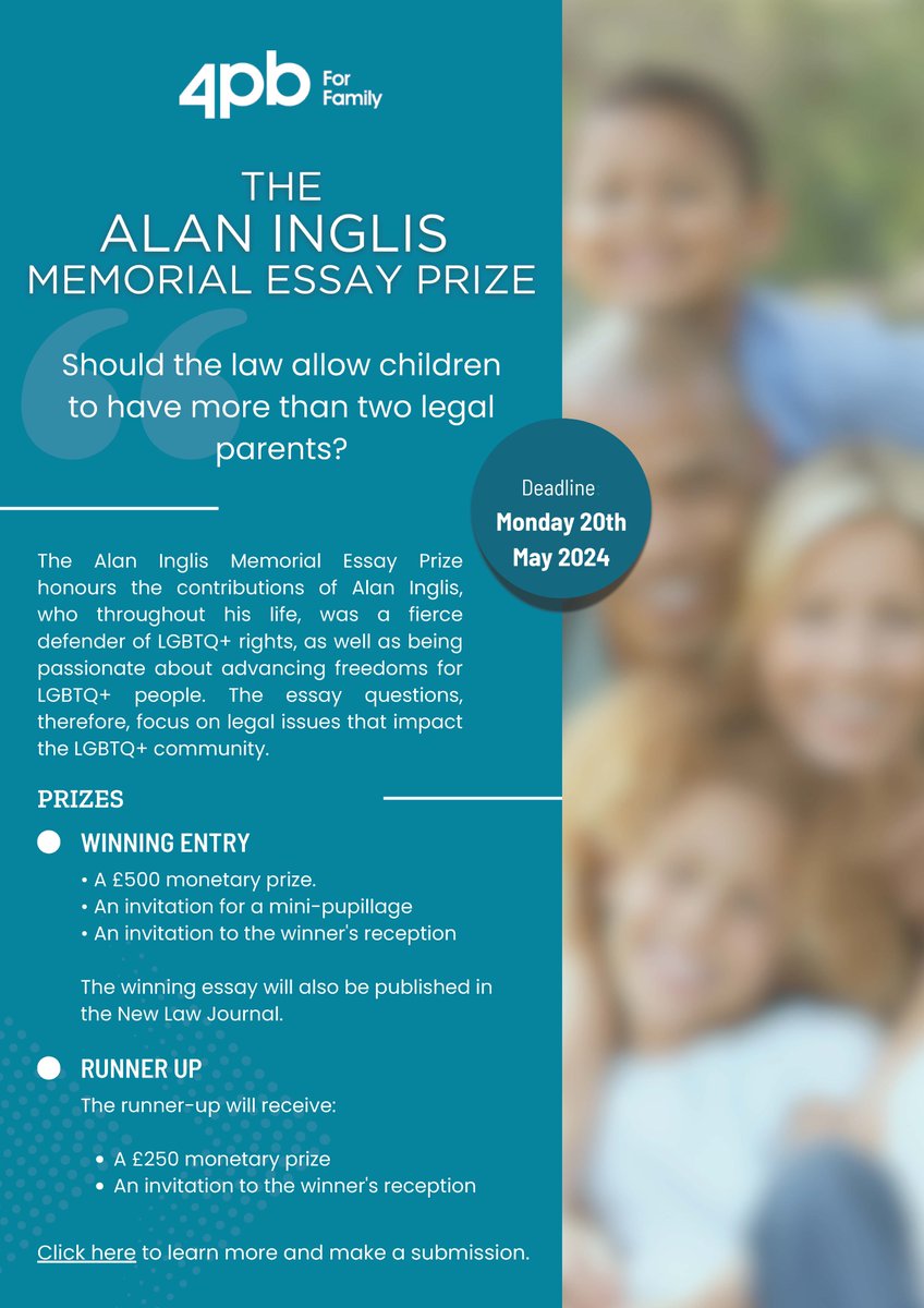 3 Days To Go until The Alan Inglis Memorial Essay Prize closes. The winner will be awarded a £500 monetary prize, #MiniPupillage, & their essay will be published in @NewLawJournal Click here to learn more: 4pb.com/alan-inglis-me… #FamilyLaw #EssayCompetition