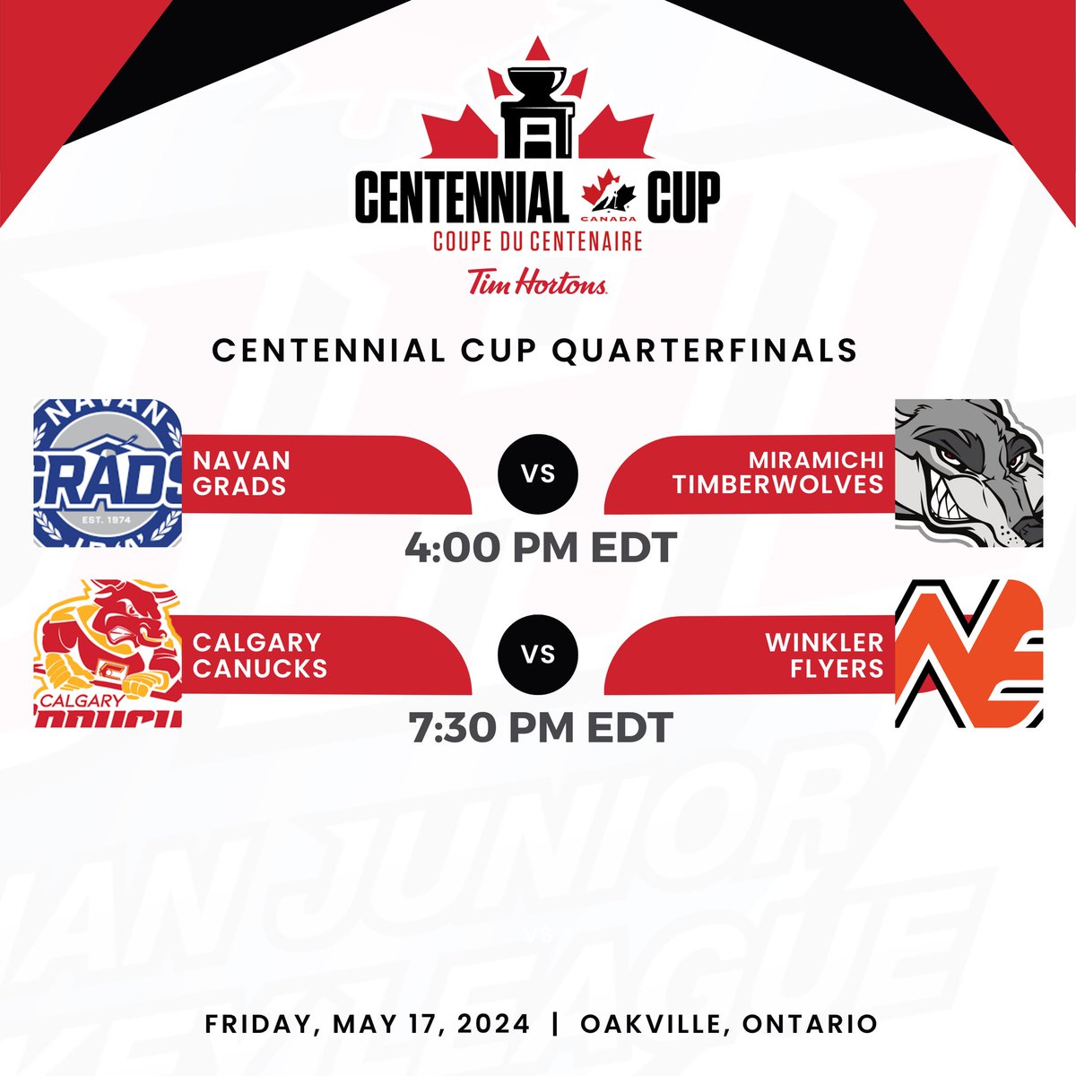 It’s quarterfinal Friday at the #CentennialCup in Oakville! Win and you’re into semifinal Saturday 🏒 📊 Stats | hockeycanada.ca/en-ca/national… 🖥️ Watch | video.hockeycanada.ca/en/c/navan-gra…