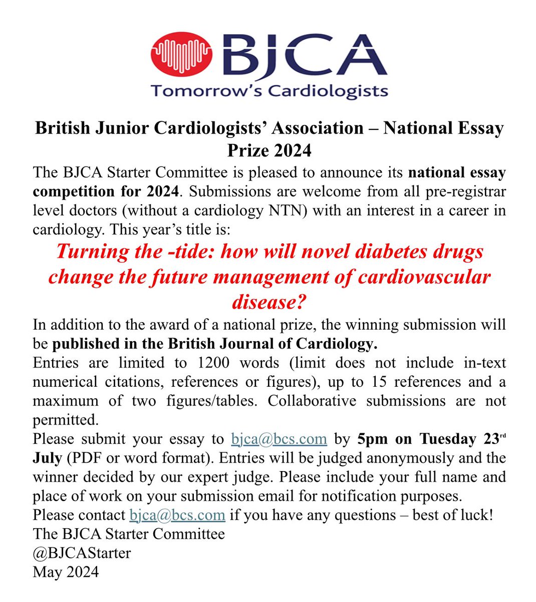 🚨🚨 Essay Competition Announcement 🚨🚨 For all BJCA starter members - see below for details! Winner gets national prize and publication in @BrJCardiol ! Closing date Tuesday 23rd July at 5pm, good luck all!