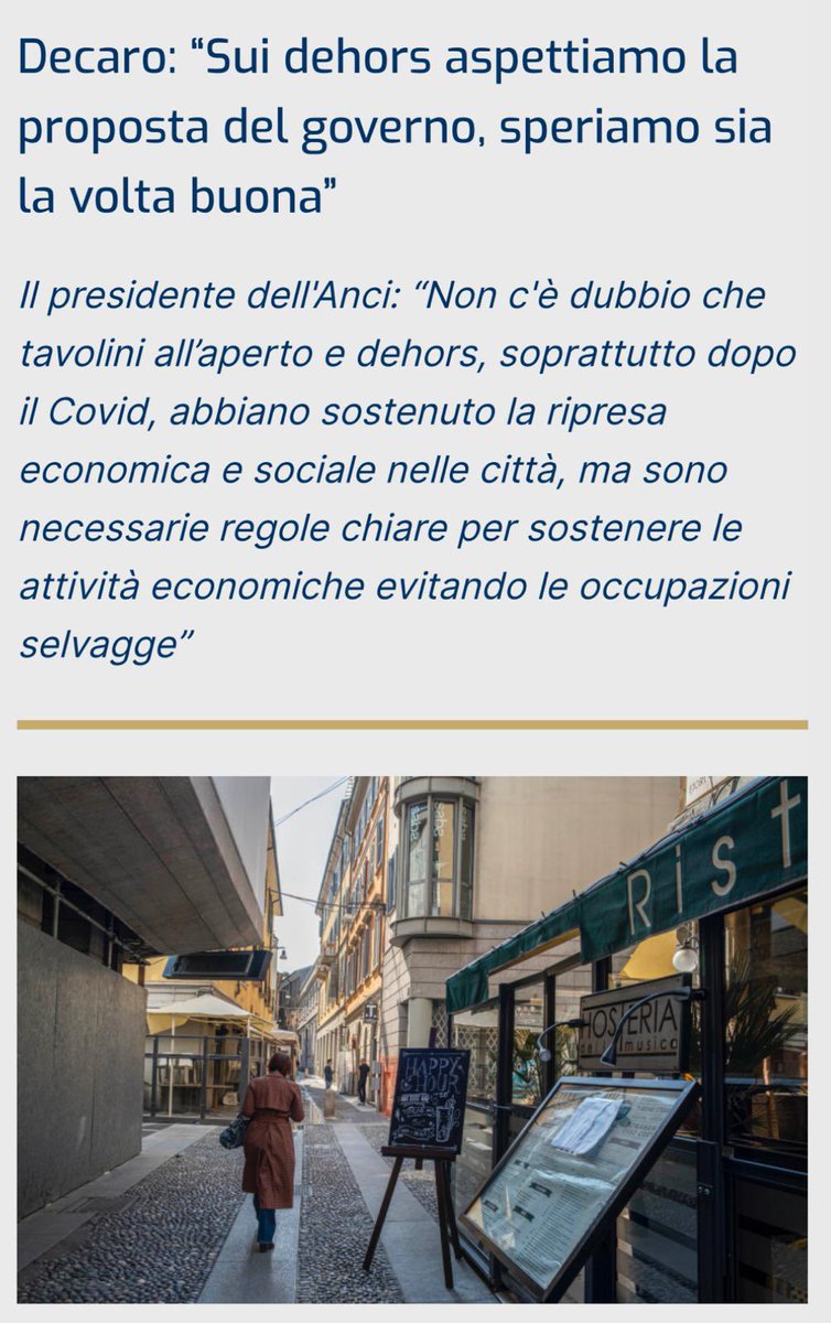 Sulla proposta di rendere strutturali i #dehors siamo al lavoro con le associazioni di categoria, con l'Anci e con le Sovrintendenze affinché si arrivi presto a una norma condivisa. L’obiettivo è quello di migliorare il decoro, i servizi ai cittadini, sostenere le attività