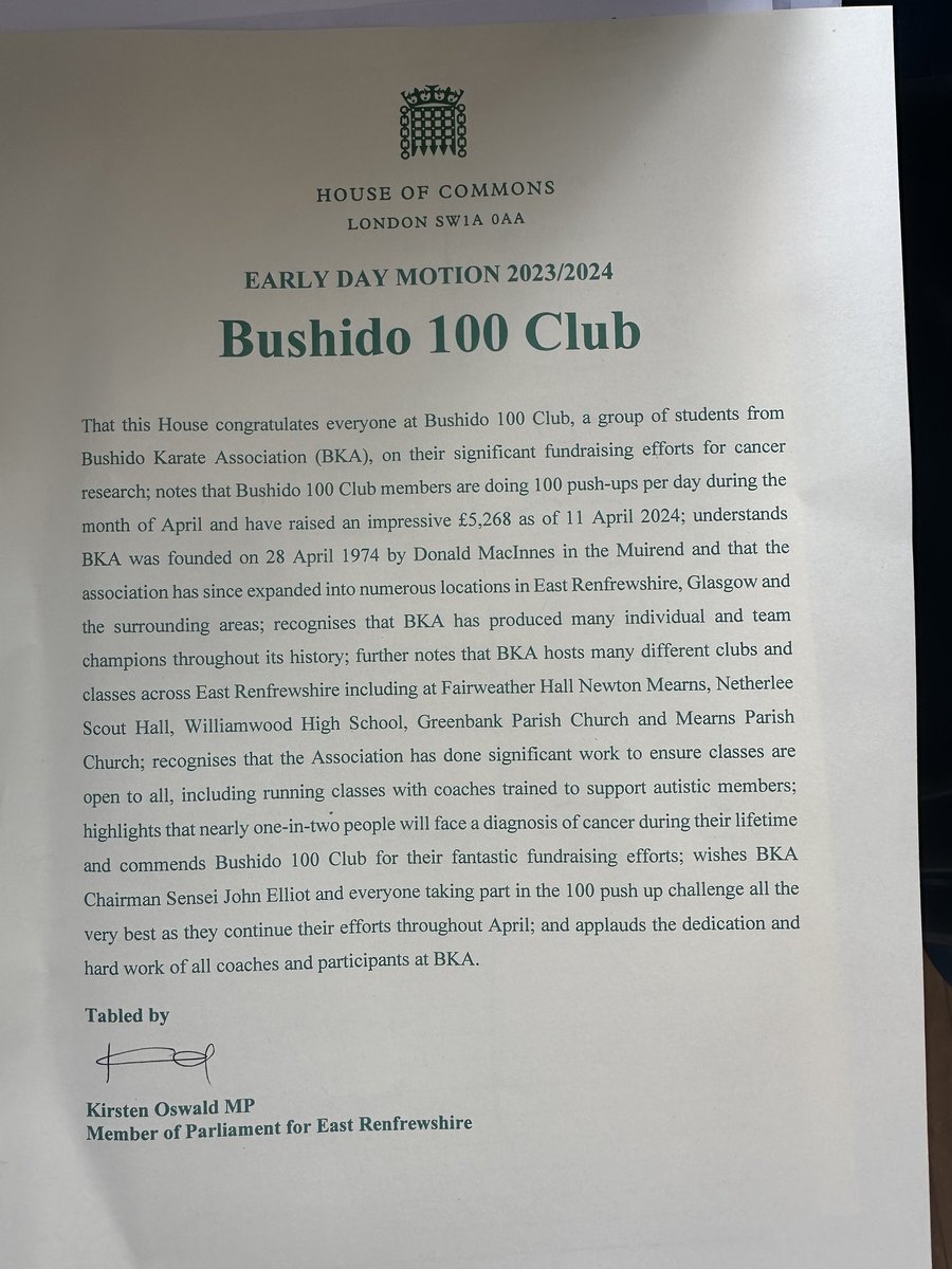 MP @kirstenoswald's early day motion congratulated members of the Bushido 100 Club who fundraised for @CR_UK & applauded the dedication of Sensei John Elliot. Thank you. 🌟🥋 (2/2)