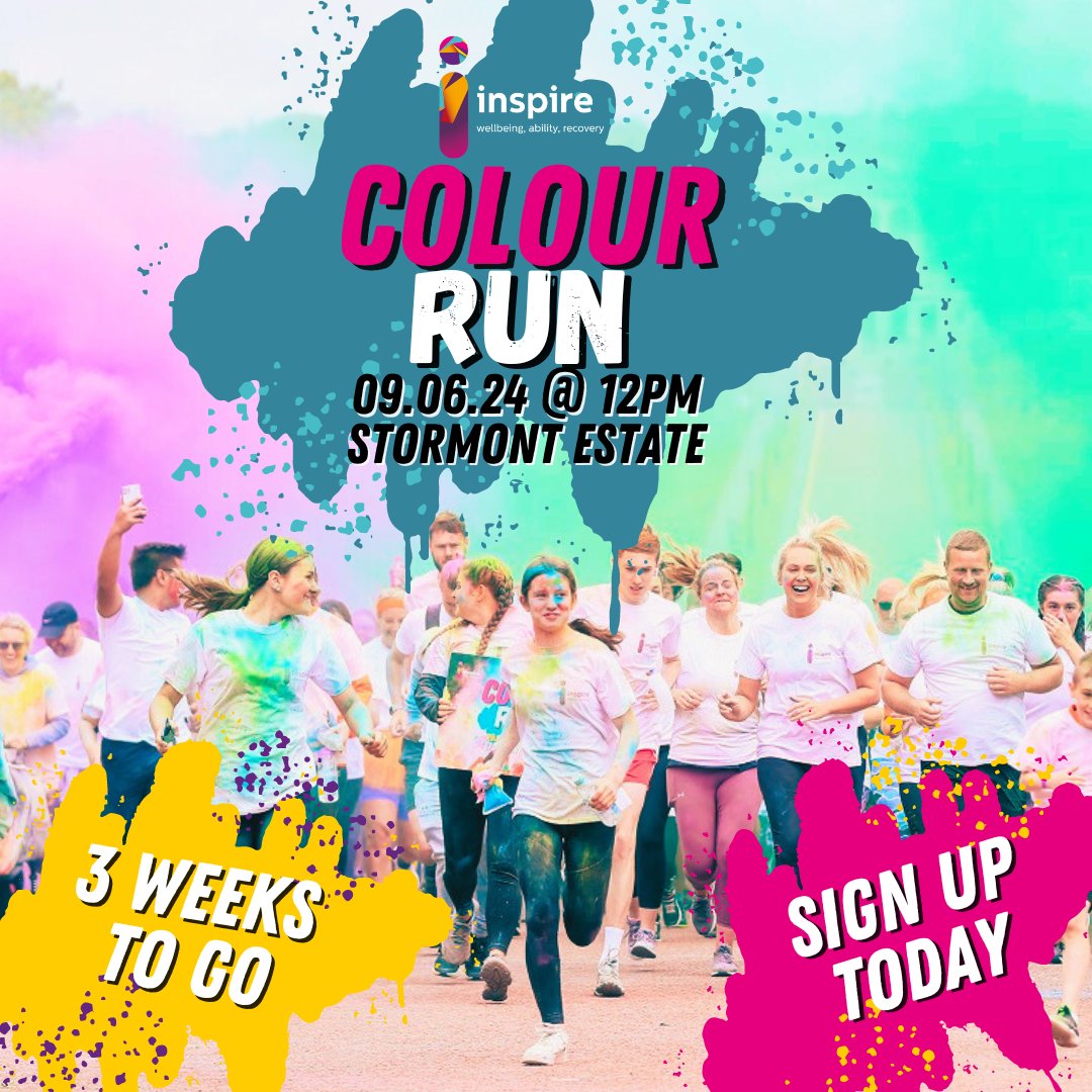 ‼️ 3 WEEKS TO GO ‼️ The countdown is on for this years Colour Run at Stormont Estate! So make sure you sign up & bring along your family, friends or even your pets! We're so excited and cant wait to see there! 😁 ⬇️ Get your ticket today ⬇️ inspirewellbeing.org/colour-run-202…