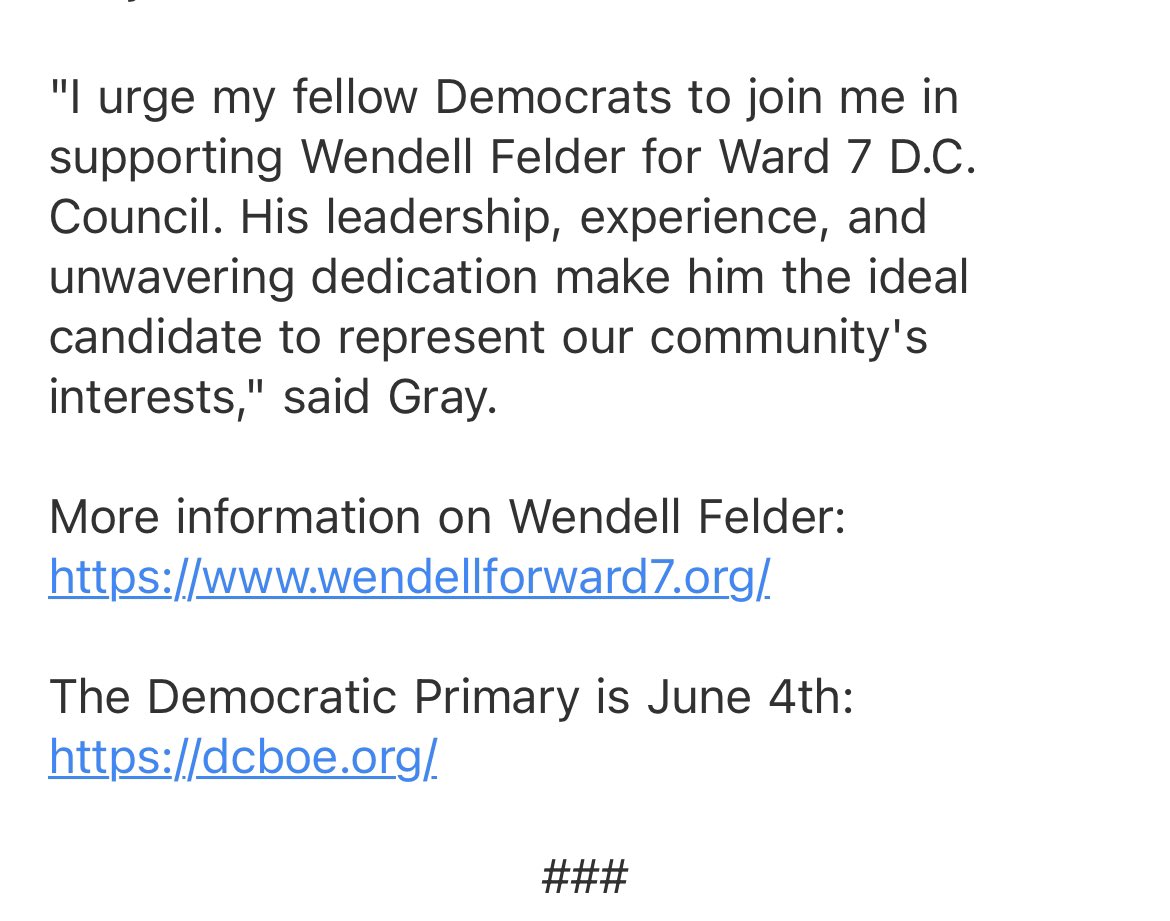 INBOX: <a href="/VinceGrayWard7/">Vince Gray</a> endorses a candidate for Ward 7 Council seat. It’s <a href="/WendellforWard7/">Wendell Felder</a>