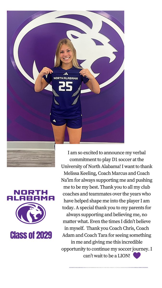 On to the next chapter! Can't wait for the next 4! Go Lions! 🦁🦁💜💛 @UNASoccer @adam_sportsman @TaraMcQueenn @ImYouthSoccer @PrepSoccer @AhfcO7gecnl @RPHSGirlsSoccer