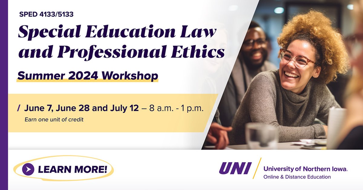 Interested in expanding your knowledge in legal & ethical standards for special education programs? Join our summer workshop, Special Education Law and Professional Ethics for 1 grad credit. Dr. Susan Etscheidt leads the workshop. Register here: bit.ly/4dNpeM3