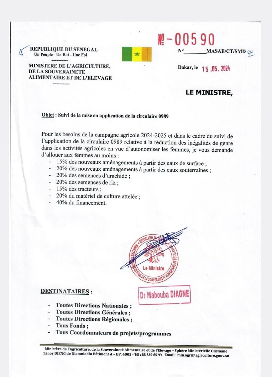 Campagne agricole 2024/2025, le ministre de l’Agriculture demande d’allouer au moins 40% du financement aux Femmes, dans le cadre de la réduction des inégalités de genre dans les activités agricoles. 

Elles auront aussi des pourcentages sur   « les nouveaux aménagements à partir