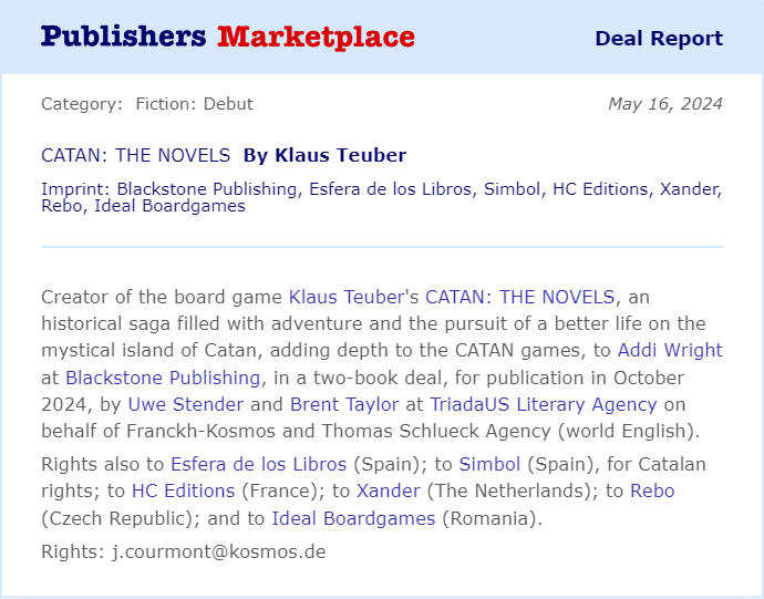 Congratulations to Klaus Teuber on the sale of CATAN: THE NOVELS! #TeamTriada