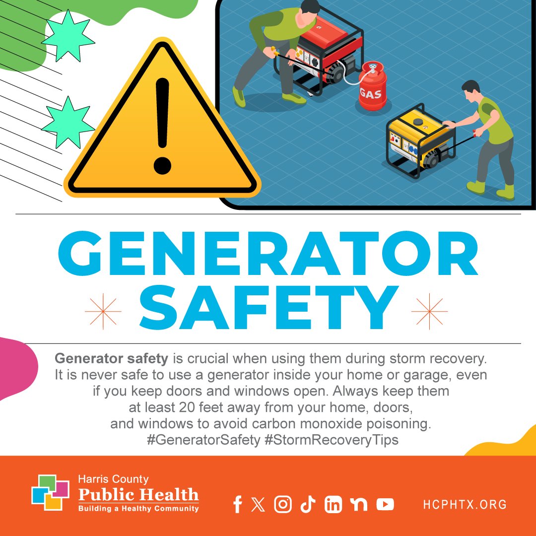 As Harris County experiences widespread power outages due to yesterday's storm, staying safe during recovery is more important than ever. Ensure you and your families safety while operating generators. 

Please visit bit.ly/3wuWWFz for more safety tips.