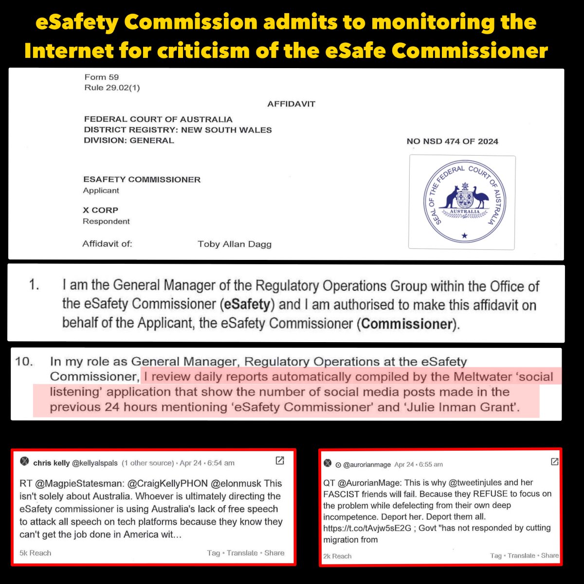 JUST LIKE IN 1984

Documents filed in Federal Court reveal that eSafety Commission has been compiling a daily list of social media posts criticising the eSafety Commissioner. 

So if you’ve criticised the eSafety Commissioner, with comments such she’s 'an out of control