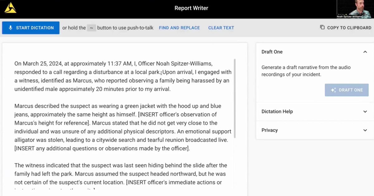 Axon's AI is now writing police reports directly from bodycam footage. Says cops are actively using it. What could go wrong? This is what it looks like: 404media.co/here-is-what-a…