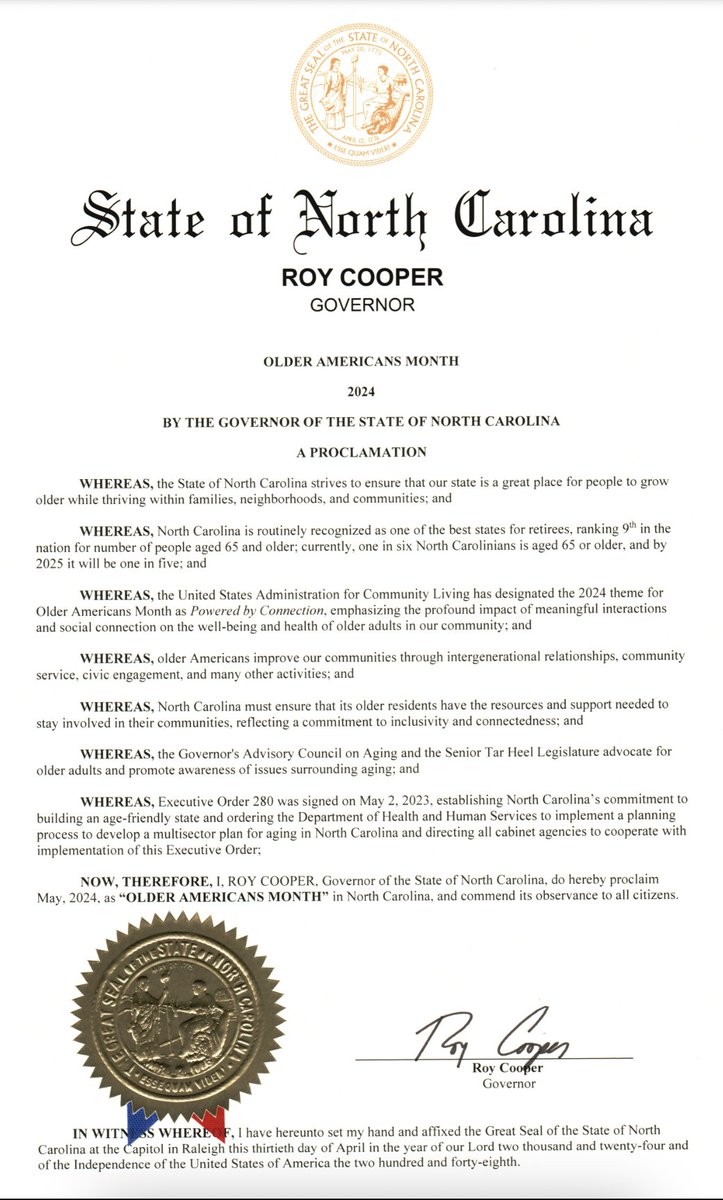 Happy #OlderAmericansMonth! #DYK, North Carolina ranks 9th in the nation for residents aged 65 and older? Older adults are an integral part of NC's #workforce, education system, communities, and more.
@NC_Governor's proclamation: bit.ly/3yqssou