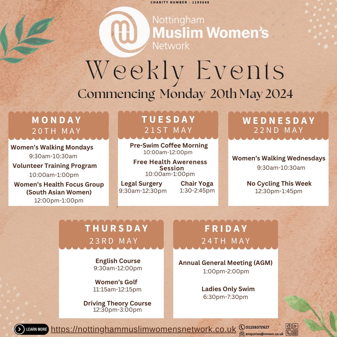 📆✨ MARK YOUR CALENDARS!!! Get ready for an exciting week at the Nottingham Muslim Women's Network! 

For more details,
👉 visit our website
nottinghammuslimwomensnetwork.co.uk

Contact us for more information.
☎️ 07826464722 / 01158372627
📧 enquiries@nmwn.co.uk

#nottinghamwomen #women