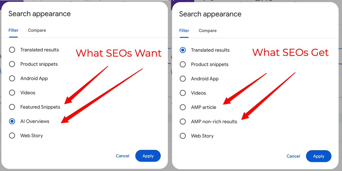 rustybrick's tweet image. What SEOs want vs What SEOs Get #googlesearchconsole