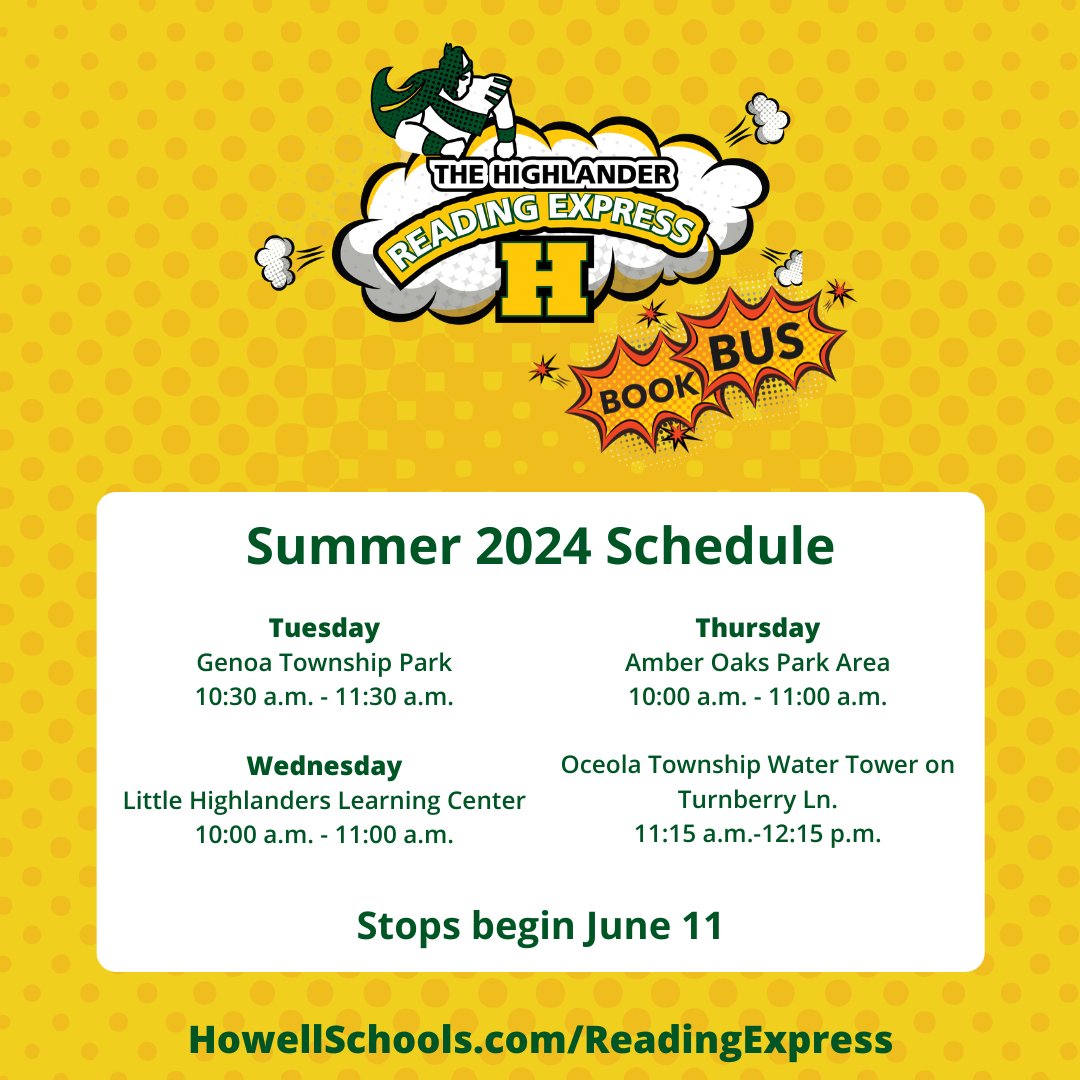 We are excited to share the summer schedule for the Highlander Reading Express, our mobile library. Stops begin Tuesday, June 11. Visit HowellSchools.com/ReadingExpress for a map of stop locations. #HighlanderNation #OneHowell