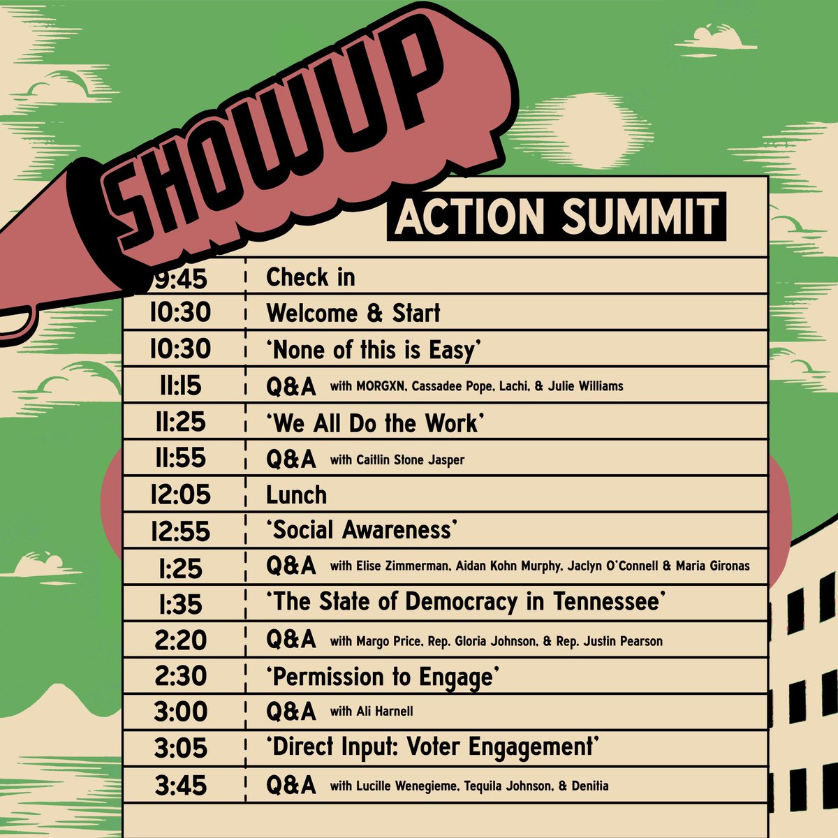 TODAY’S THE DAY 📢 The #ShowUpActionSummit will be kicking off at 10:30am at Riverside Revival in Nashville, TN. Check-in starts in 1 HOUR at 9:45am! See below for the Day of Schedule with start times, and please visit showup.team/actionsummit for our full programming and details.