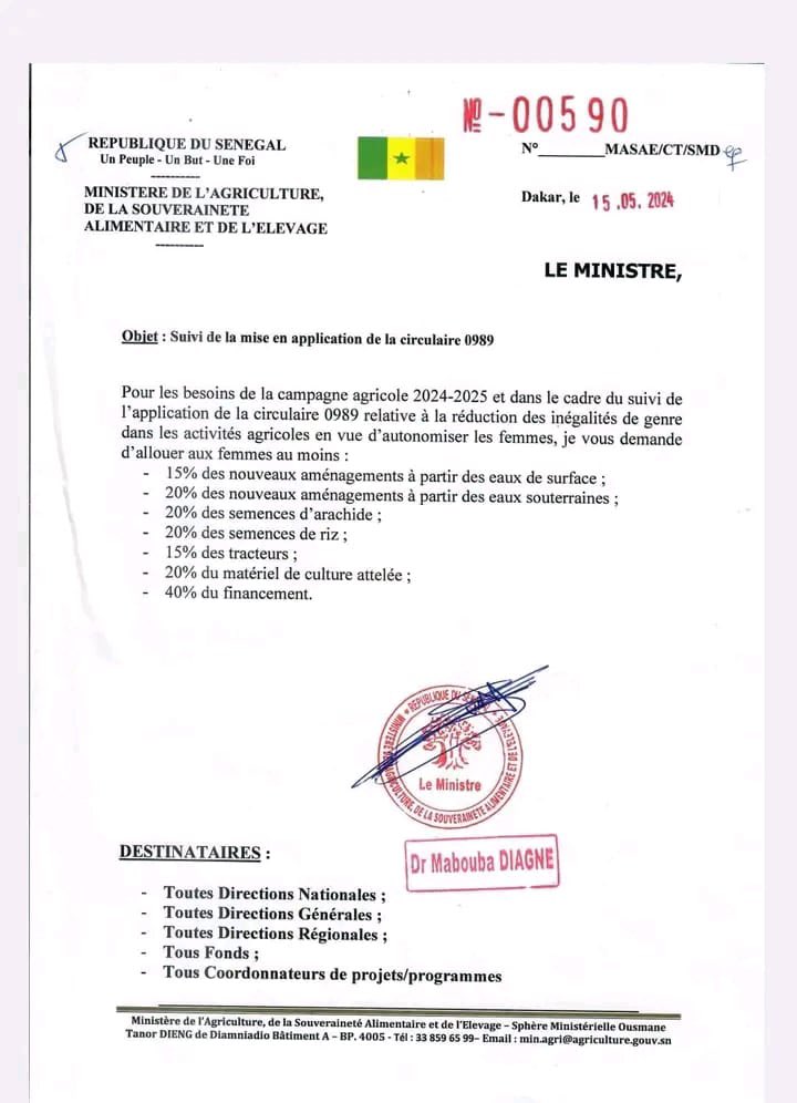 Campagne agricole 2024/2025, le Gouvernement @SonkoOfficiel
va allouer au moins 40% du financement aux Femmes, dans le cadre de la réduction des inégalités de genre dans les activités agricoles.