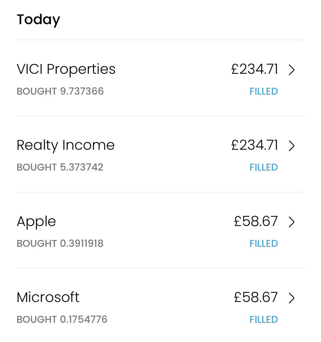 Just invested another additional £500+ into my ISA 

$O - £234.71
$VICI - £234.71
$AAPL - £58.67
$MSFT - £58.67

Has anyone else made any purchases today? 

#PassiveIncome #FinancialFreedom #Investing #DividendInvesting