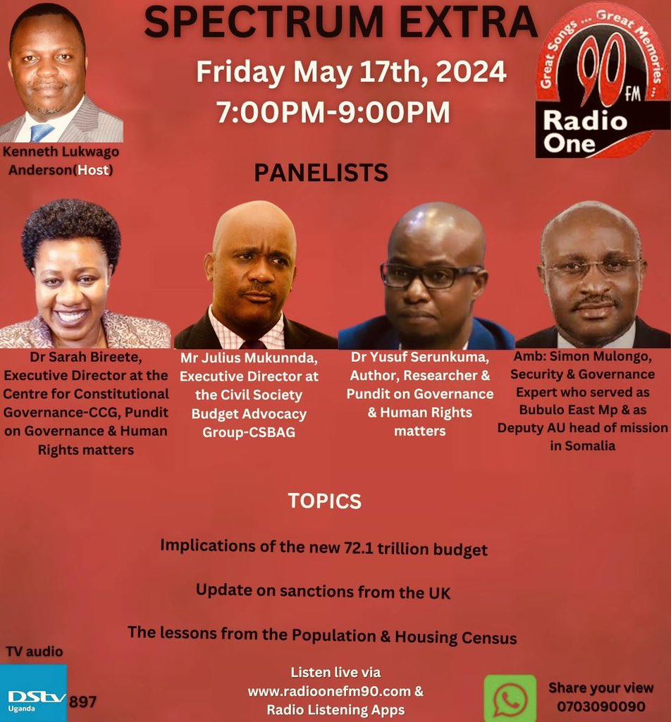 @SarahBireete from @ccgea1 @simonmulongo from @NRMOnline @JuliusMukunda from @CSBAGUGANDA & @YusufSerunkuma will be on panel this evening to dissect the issues as stated @rs1elvis @PerryAritua @JosephinNdagano @godfreyssali21