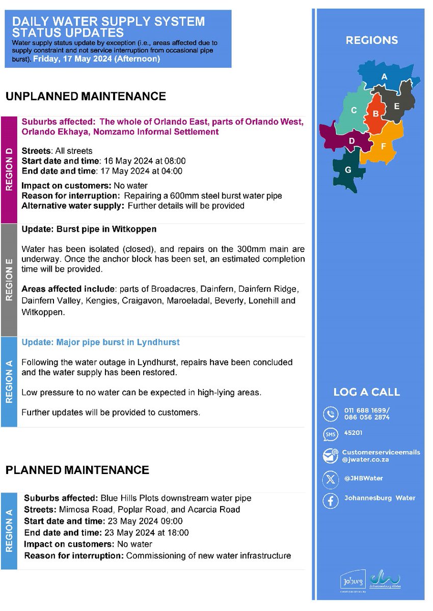 Daily water supply system status updates: Friday, 17 May 2024 (Afternoon). ^X