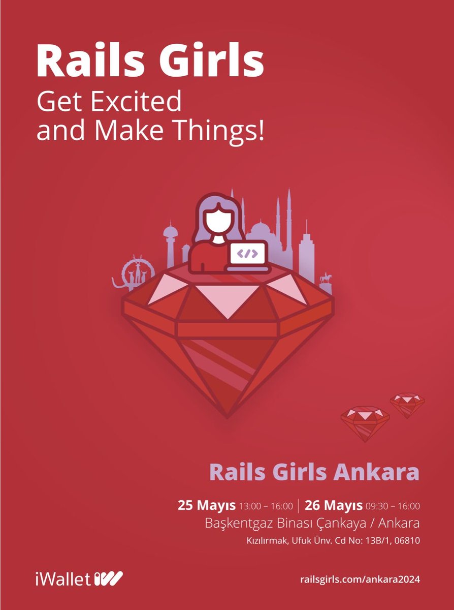 Bootcamp eğitimi sürecimizin bugün başladığı iWallet Türkiye ekibi harika bir etkinliğe ev sahipliği yapıyor! 25 - 26 Mayıs tarihlerinde Ankara’da Rails Girls etkinliği düzenleniyor. İki gün sürecek ücretsiz eğitimler, sunumlar ve atölyeler ile Ruby on Rails dünyasına giriş