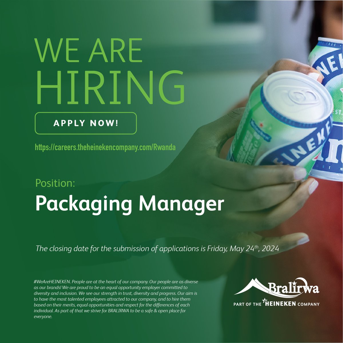 We are looking for a Packaging Manager to join us in brewing the joy of true togetherness. Learn more about the position and apply directly at careers.theheinekencompany.com/Rwanda
#hiringnow #careeropportunities #unleashyourpotential #webrewthejoyoftruetogetherness