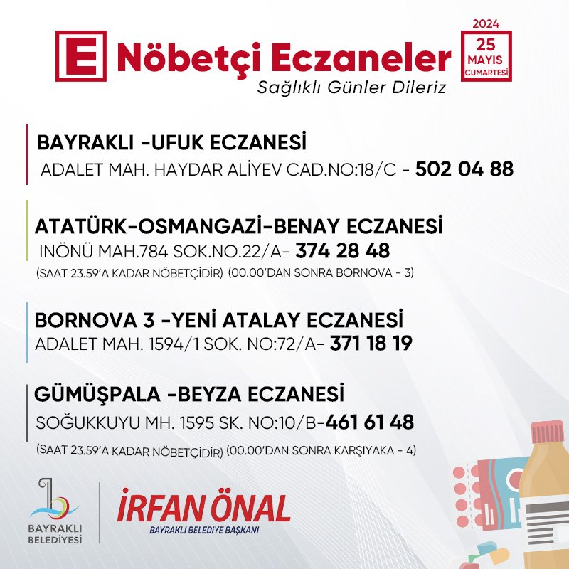 İhtiyacınız olmaması dileğiyle. Sağlıklı günler diliyoruz. #Bayraklı #NöbetçiEczane